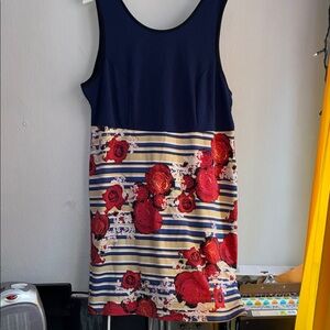 Eloquii Navy Tank Dress with Red Rose and Stripe Skirt